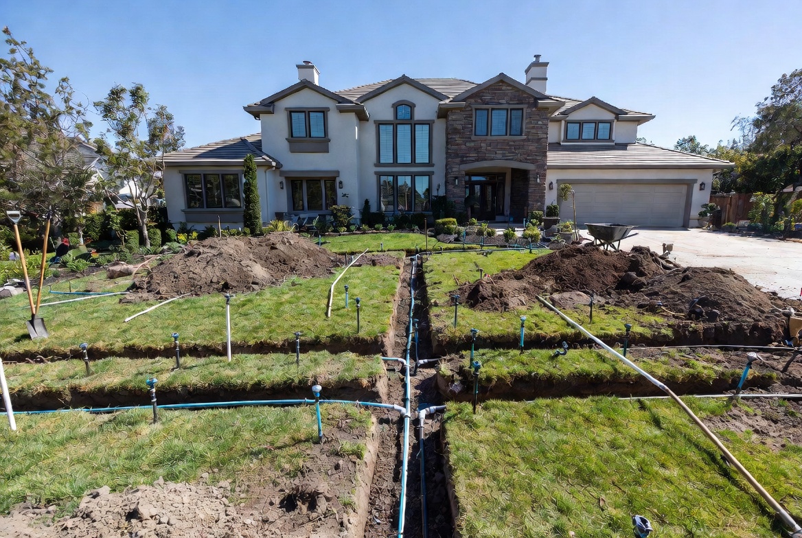 New irrigation system installation with trenches and sprinkler lines