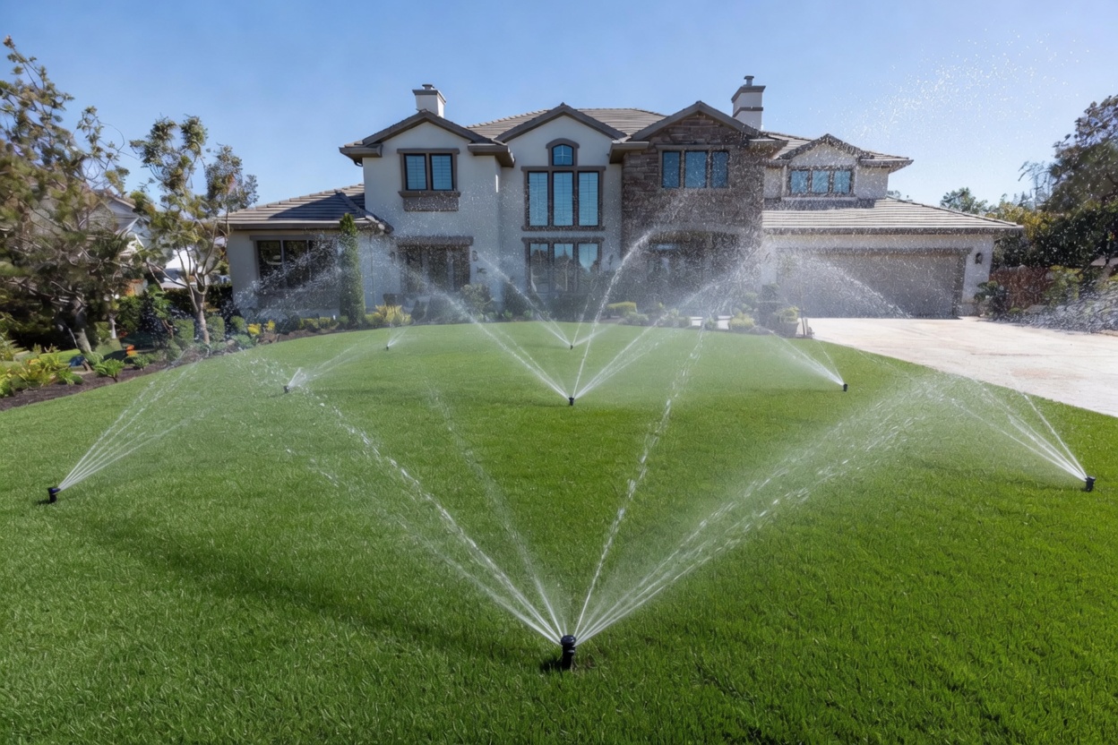 Luxury home irrigation system running across front lawn
